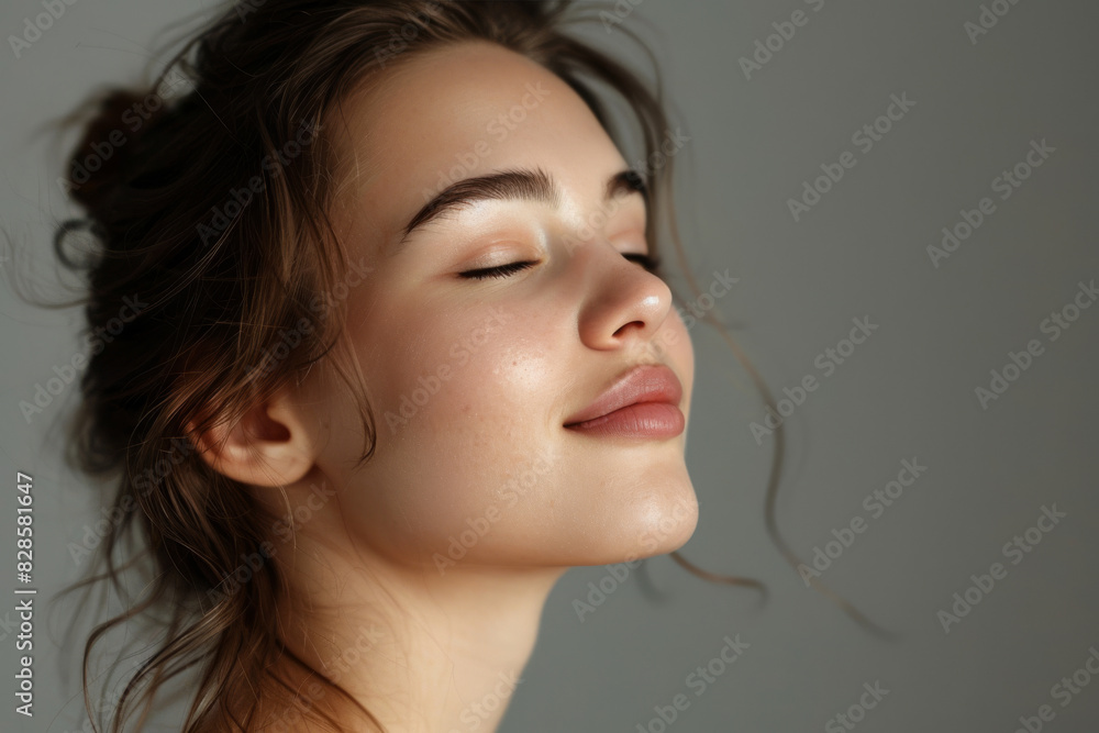 A close up of a woman's face with her eyes closed looking to a side A close up of a woman's face with her eyes closed looking to a side