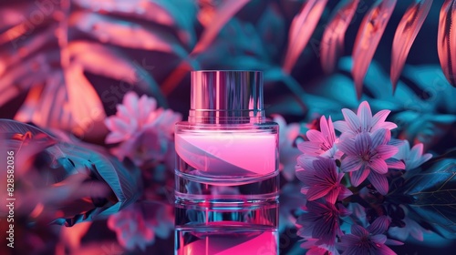 Cosmetic jar on floral backdrop with neon light containing liquid face and body serum representing natural skincare concept ViewSet your natural beauty cosmetics in a cosmetic jar against a  photo