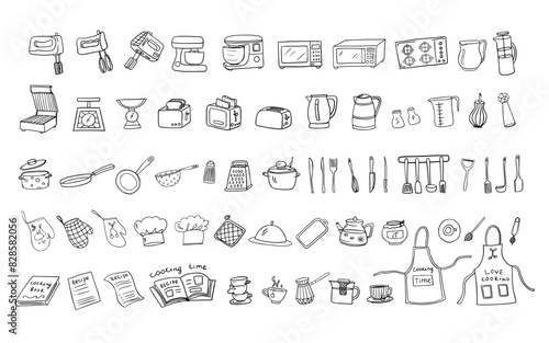 Large set of kitchen tools, kitchenware, kitchen equipments in doodle style. microwave, mixer, toaster. Love cooking. Great for restaurant menu, recipe book, and wallpaper.