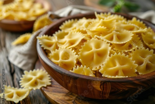 Bowl of pasta on a wooden table, food background 