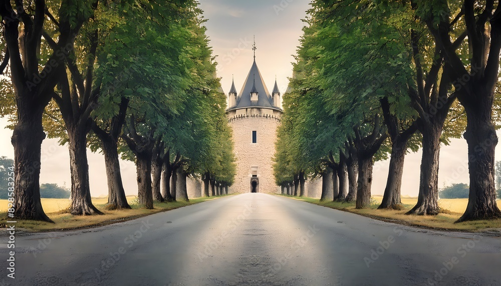 A historic road lined with ancient trees, leading to a medieval castle in the distance A historic road lined with ancient trees, leading to a medieval castle in the distance