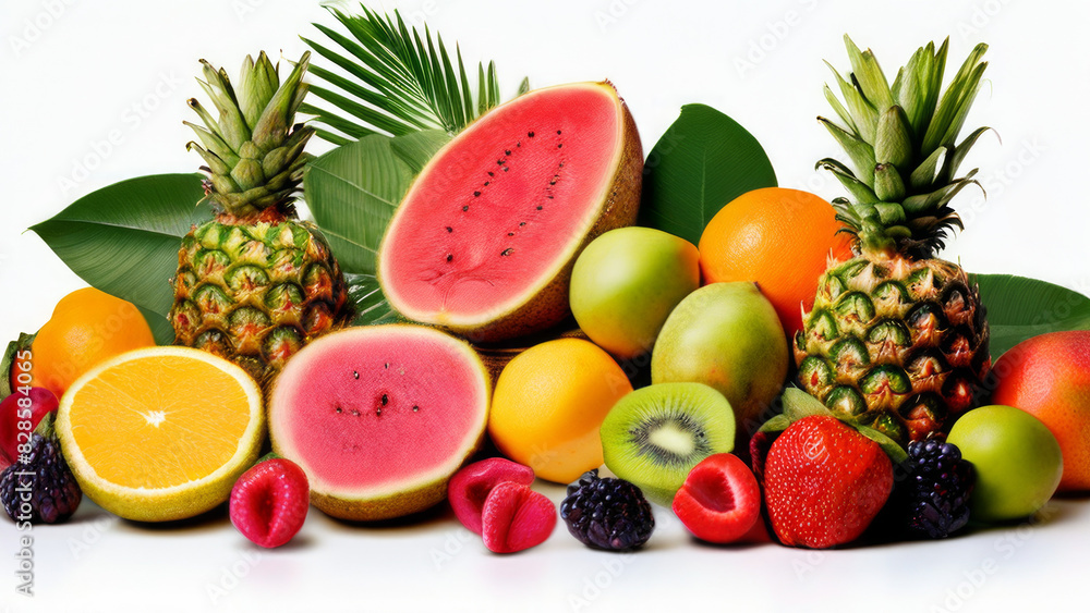 a variety of fresh fruits arranged on a white background. Among them are pineapples, watermelon pieces, orange halves, whole apples, kiwi halves. a variety of fresh fruits arranged on a white background. Among them are pineapples, watermelon pieces, orange halves, whole apples, kiwi halves.