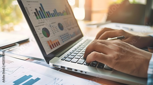 A business analyst crunching numbers on a laptop, analyzing colorful graphs and charts for financial insights in a brightly lit office.