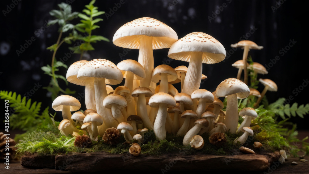 Fototapeta premium a group of red and white spotted mushrooms, probably Amanita muscaria, growing among green foliage.