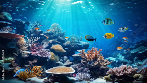 Underwater world with a picturesque coral reef. Here you can see a variety of coral species of different shapes and colors.