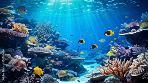 Underwater world with a picturesque coral reef. Here you can see a variety of coral species of different shapes and colors.