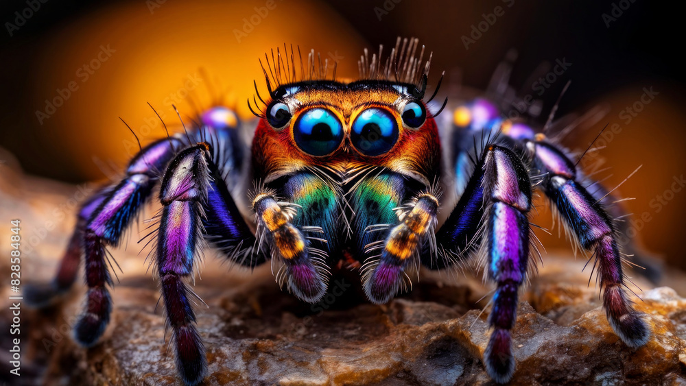 Fototapeta premium The spider has large, prominent blue eyes with smaller eyes next to them. Its body and legs have bright colors and patterns, including shades of purple, blue, and orange.