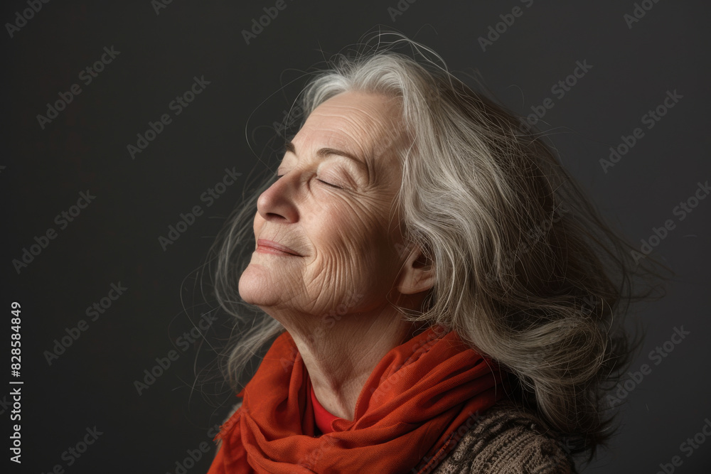 A close up of a woman's face with her eyes closed looking to a side A close up of a woman's face with her eyes closed looking to a side