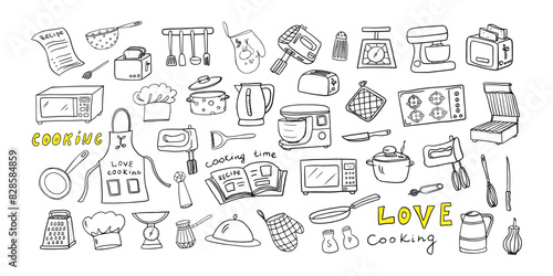 Set of kitchen tools, kitchenware, kitchen equipments in doodle style. microwave, mixer, toaster. Love cooking. Great for restaurant menu, recipe book and wallpaper.