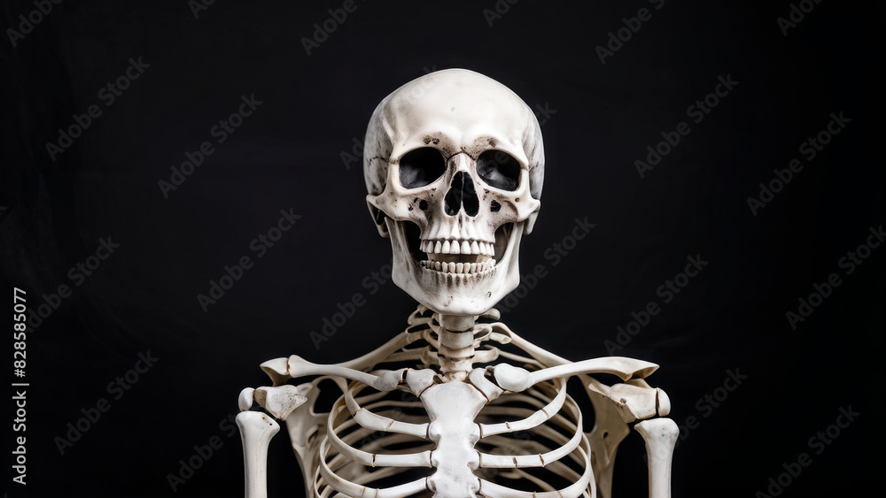 human skeleton standing on a black background. human skeleton standing on a black background.
