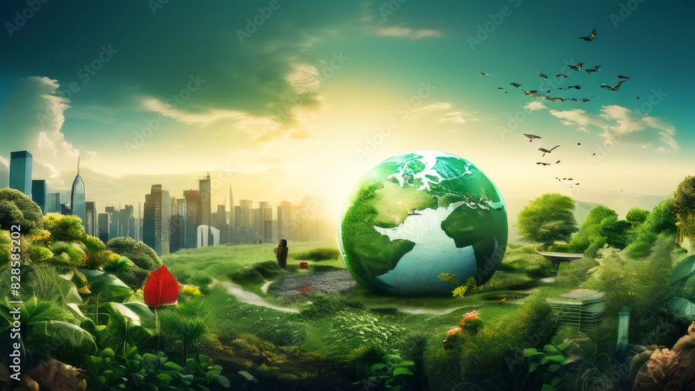 a landscape composition with the Earth in the center, represented as a globe. a landscape composition with the Earth in the center, represented as a globe.