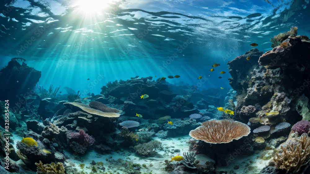 An underwater scene seen from inside the cave. The focus is on the clear blue water, illuminated by natural light entering the cave. An underwater scene seen from inside the cave. The focus is on the clear blue water, illuminated by natural light entering the cave.