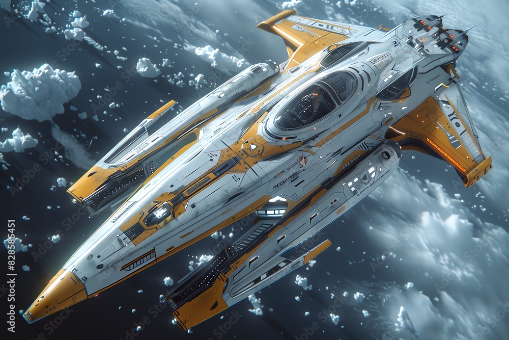 Futuristic spaceship flying through the clouds. Futuristic spaceship flying through the clouds.