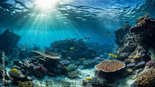 An underwater scene seen from inside the cave. The focus is on the clear blue water, illuminated by natural light entering the cave.