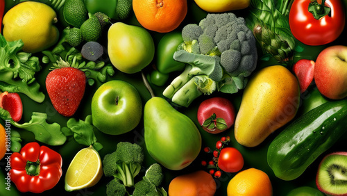 a diverse array of fruits and vegetables closely stacked on top of each other.
