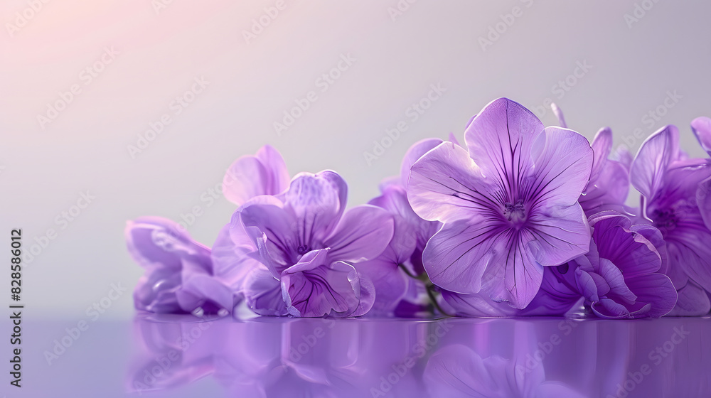 Obraz premium A collection of purple flowers atop a matching purple countertop against a white backdrop and light purple background