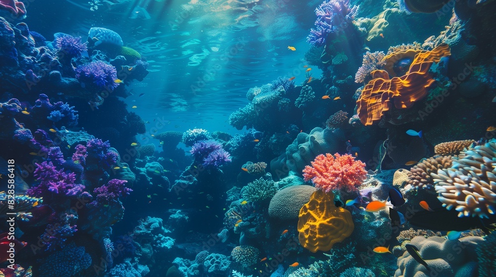 Fototapeta premium Vibrant underwater coral reef scene with colorful corals and sunlight rays