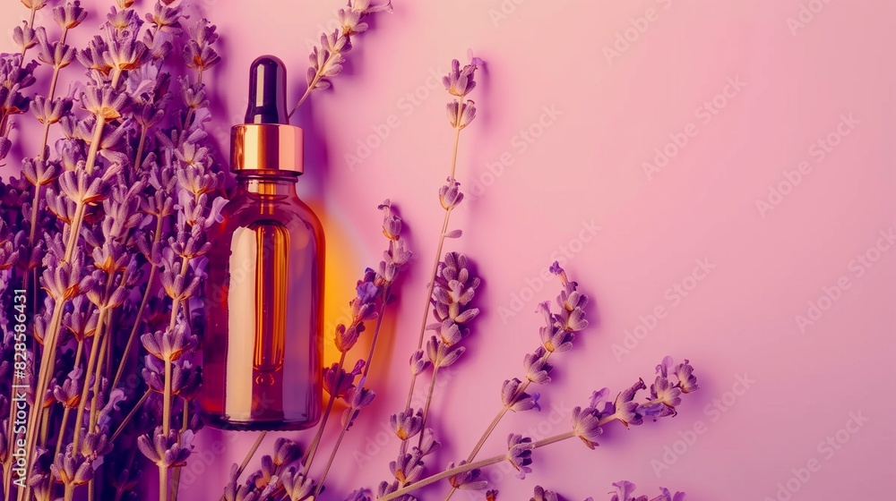 Lavender essential oil in amber bottle with lavender sprigs on a pink background Lavender essential oil in amber bottle with lavender sprigs on a pink background