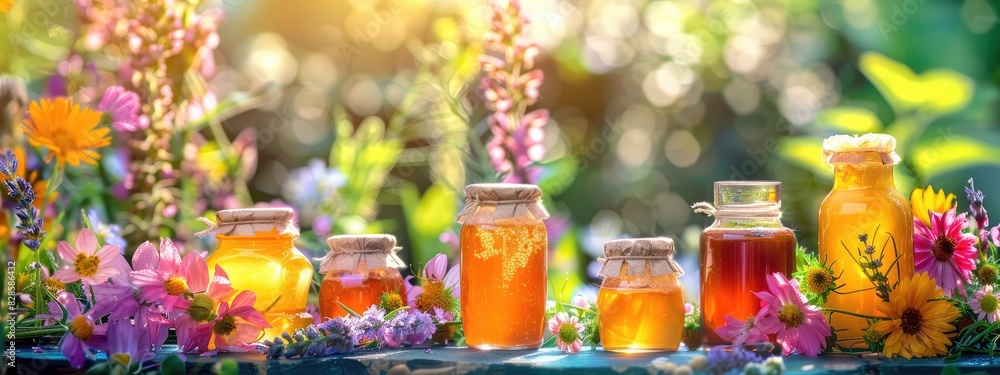 close-up of jars with different types of honey. Selective focus