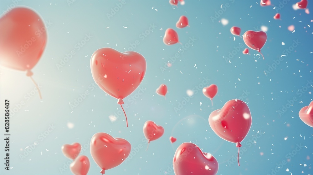 Background featuring whimsical heart-shaped balloons floating in a clear blue sky