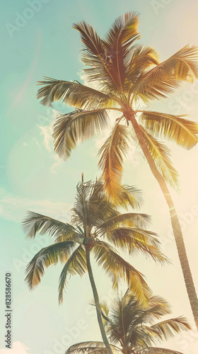 Natural summer background featuring sunlit tropical palm trees swaying in the breeze