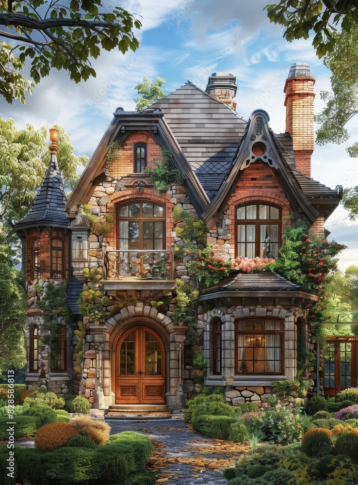 Obraz premium Stone and Brick House with Lush Greenery