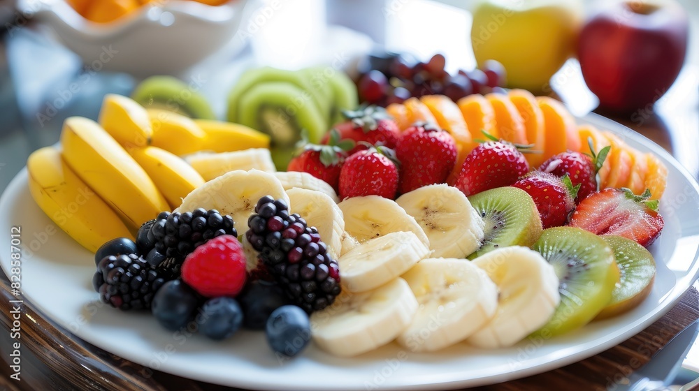 Fruits like bananas kiwis apples and berries displayed on a white plate Fruits like bananas kiwis apples and berries displayed on a white plate