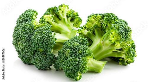 Pile of broccoli is stacked neatly on top of isolated white table