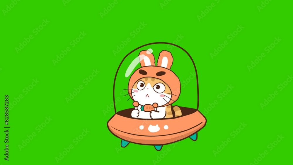 Animated Little Cat Escaping in a Spaceship - Green Screen Animated Little Cat Escaping in a Spaceship - Green Screen