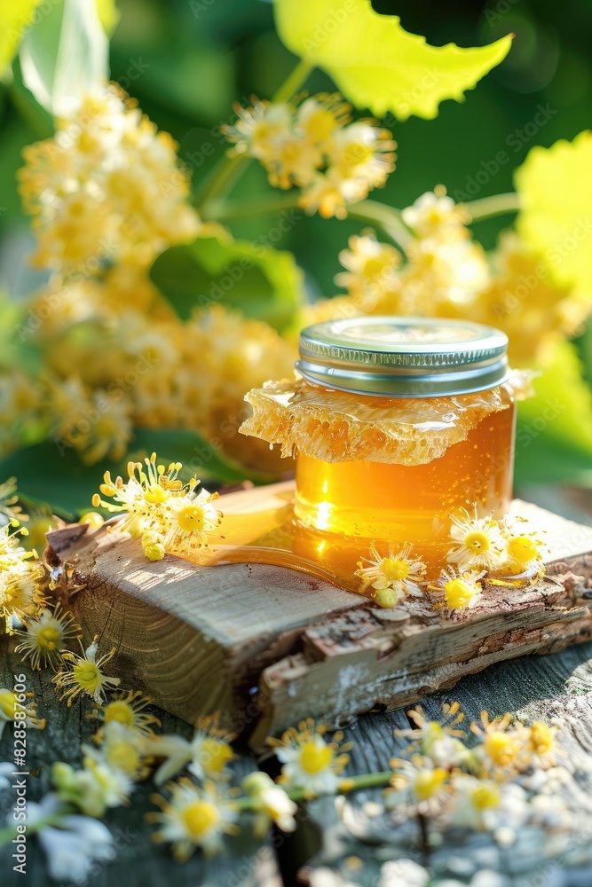 close-up of a jar of honey with linden. Selective focus close-up of a jar of honey with linden. Selective focus
