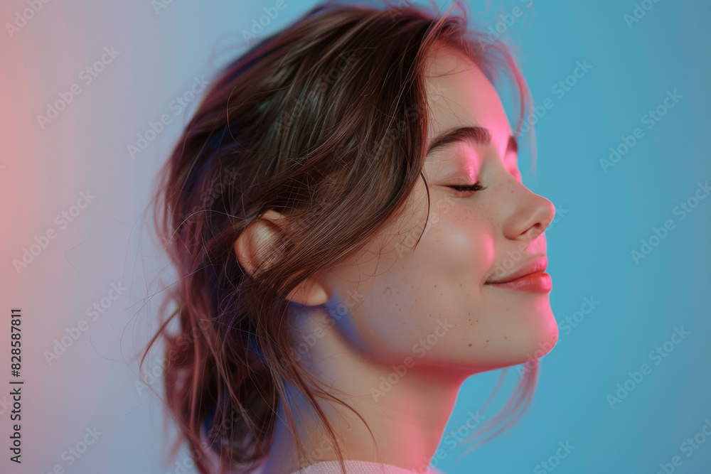 A close up of a woman's face with her eyes closed looking to a side A close up of a woman's face with her eyes closed looking to a side