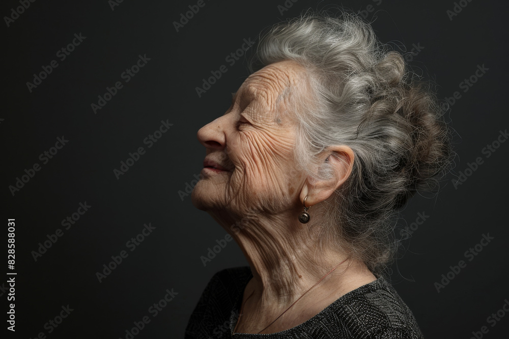 A close up of a woman's face with her eyes closed looking to a side A close up of a woman's face with her eyes closed looking to a side