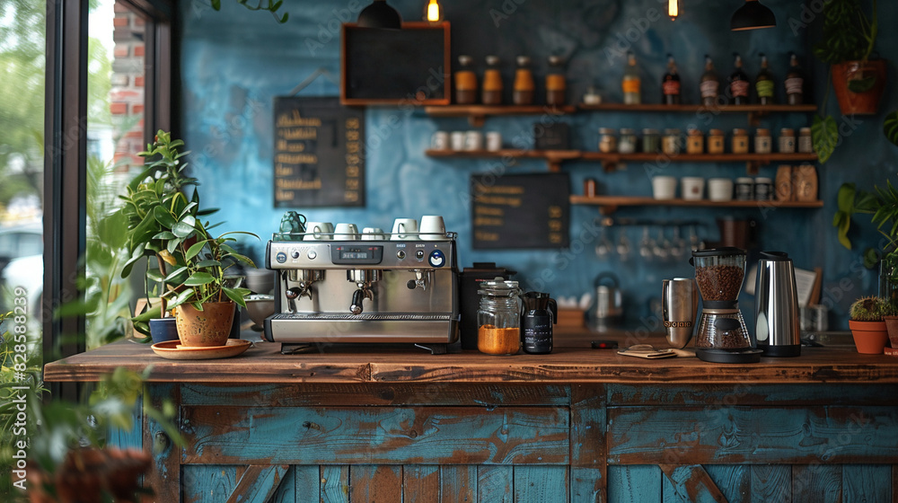 Coffee machine standing on top of wooden counter. Blue cafe interior aesthetic Coffee machine standing on top of wooden counter. Blue cafe interior aesthetic