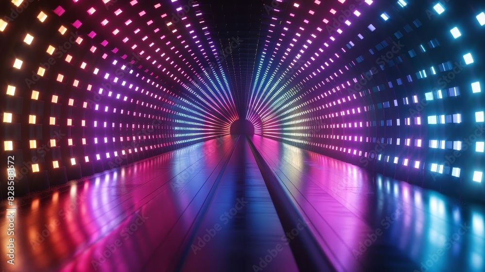 Futuristic tunnel with vibrant neon lights and reflections, creating a mesmerizing and colorful digital artwork atmosphere. Futuristic tunnel with vibrant neon lights and reflections, creating a mesmerizing and colorful digital artwork atmosphere.