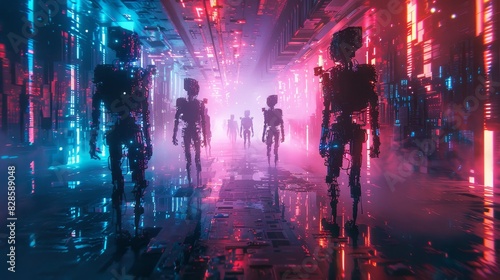Wallpaper Mural Futuristic robots walking in a neon-lit corridor with mist, creating a cyberpunk atmosphere. Sci-fi scene evoking a sense of advanced technology. Torontodigital.ca