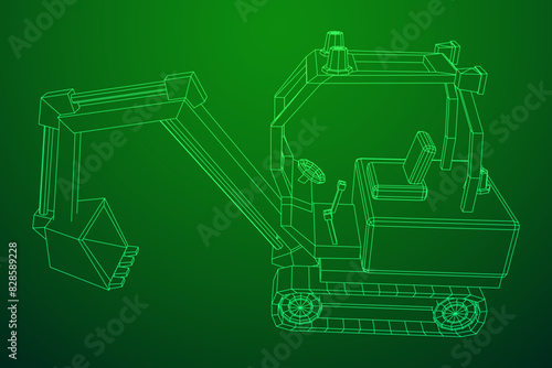 Heavy equipment excavator machine manufacturing power equipment for open pit mining. Wireframe low poly mesh vector illustration