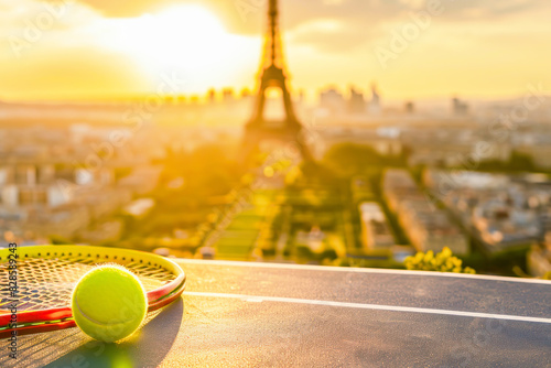 Tennis racket and ball with view of Eiffel Tower at sunset, symbolizing French tennis competitions. Highlights grandeur of Paris and passion for tennis, blending sports and beauty of French capital photo