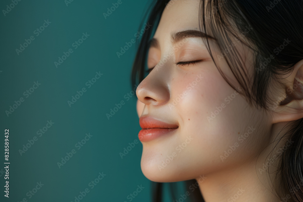 A close up of a woman's face with her eyes closed looking to a side A close up of a woman's face with her eyes closed looking to a side