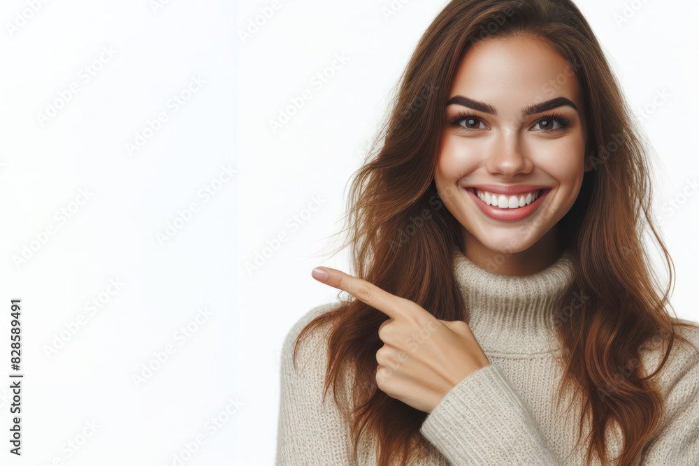 Smiling woman pointing away portrait Isolated on white background Smiling woman pointing away portrait Isolated on white background