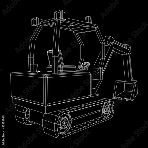Heavy equipment excavator machine manufacturing power equipment for open pit mining. Wireframe low poly mesh vector illustration