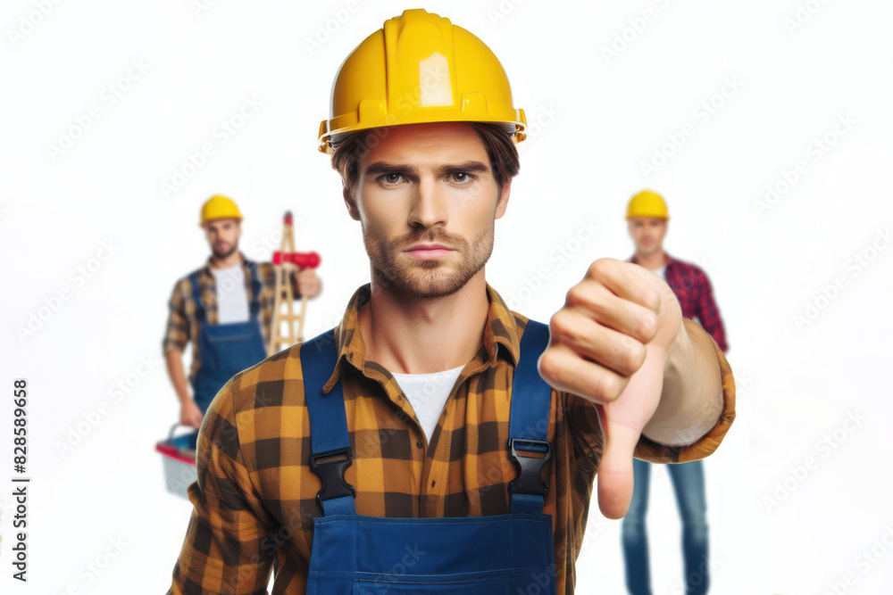 Builder in a yellow hard hat shows finger down gesture Isolated on white background Builder in a yellow hard hat shows finger down gesture Isolated on white background
