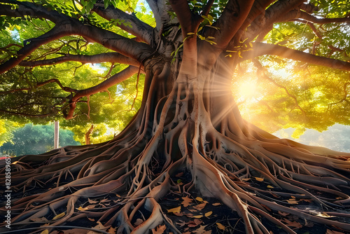 A sizable tree with copious roots lining its sides, bathed in sunlight filtering through its branches photo