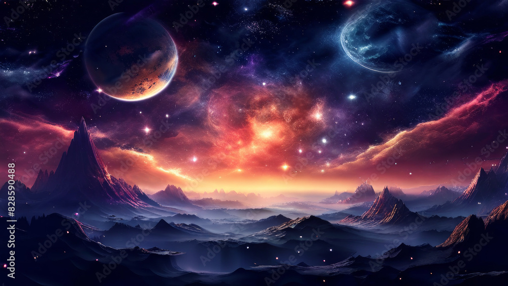 Naklejka premium The night sky, studded with stars and nebulae, over a mountainous landscape. The silhouette of a man standing on one of the peaks looking up at the sky is seen in the foreground.