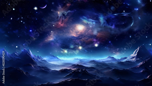 The night sky  studded with stars and nebulae  over a mountainous landscape. The silhouette of a man standing on one of the peaks looking up at the sky is seen in the foreground.