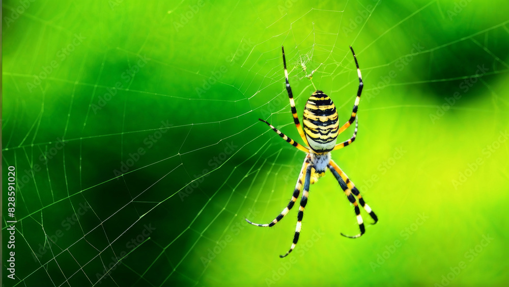 of a spider positioned in the center of its web. The background is bright green