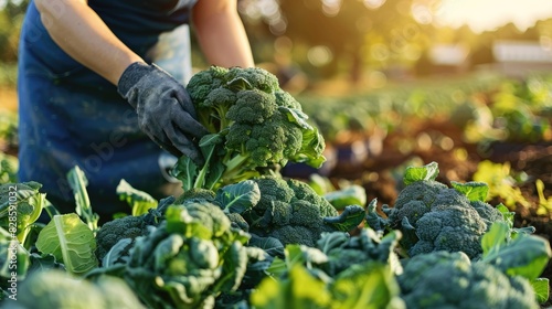 a man harvests broccoli. selective focus photo