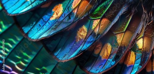 A closeup of butterfly wings, showcasing iridescent colors and intricate patterns. photo