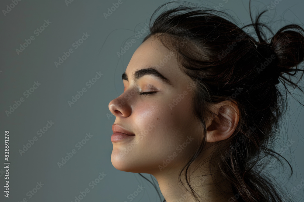 A close up of a woman's face with her eyes closed looking to a side A close up of a woman's face with her eyes closed looking to a side
