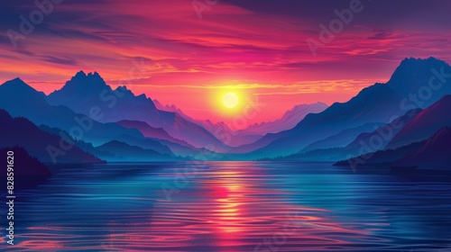 Mesmerizing Sunset Over Serene Mountain Lake photo