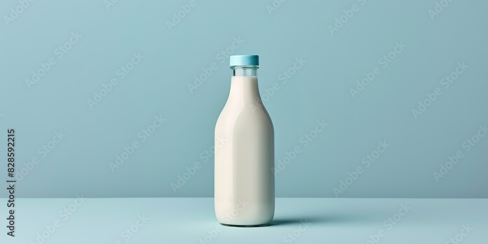 A minimalist bottle of milk on a blue background with ample space for text. A minimalist bottle of milk on a blue background with ample space for text.